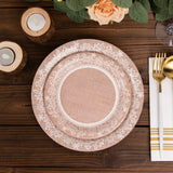 Natural Burlap Print Paper Salad Plates with Floral Lace Rim - Rustic Charm and Elegance
